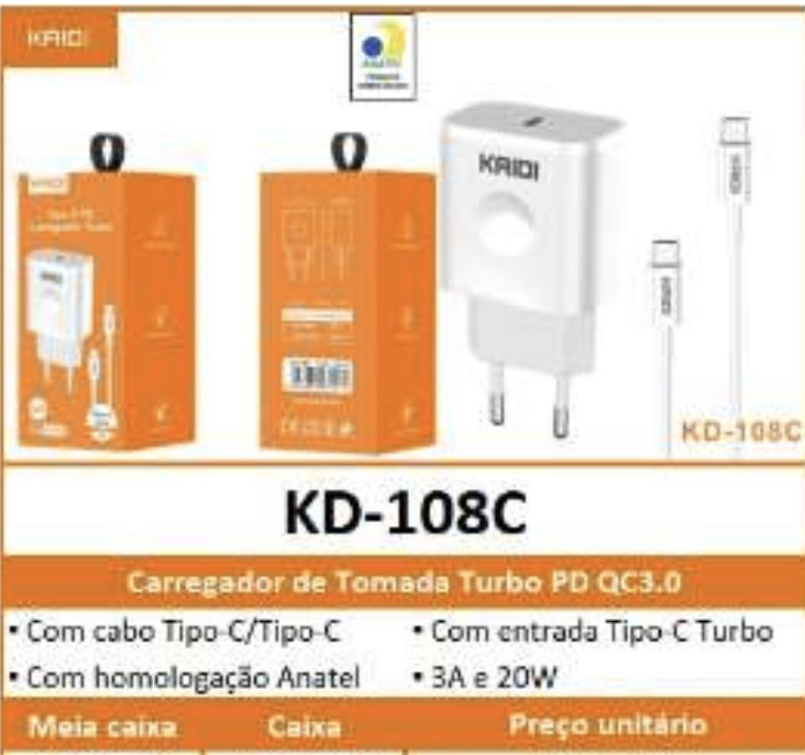 Carregador Rapido 20W tipo C P/ tipo C Kaidi Kd-108c