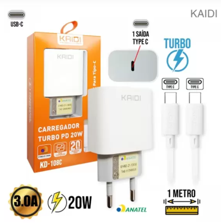 Carregador Rapido 20W tipo C P/ tipo C Kaidi Kd-108c